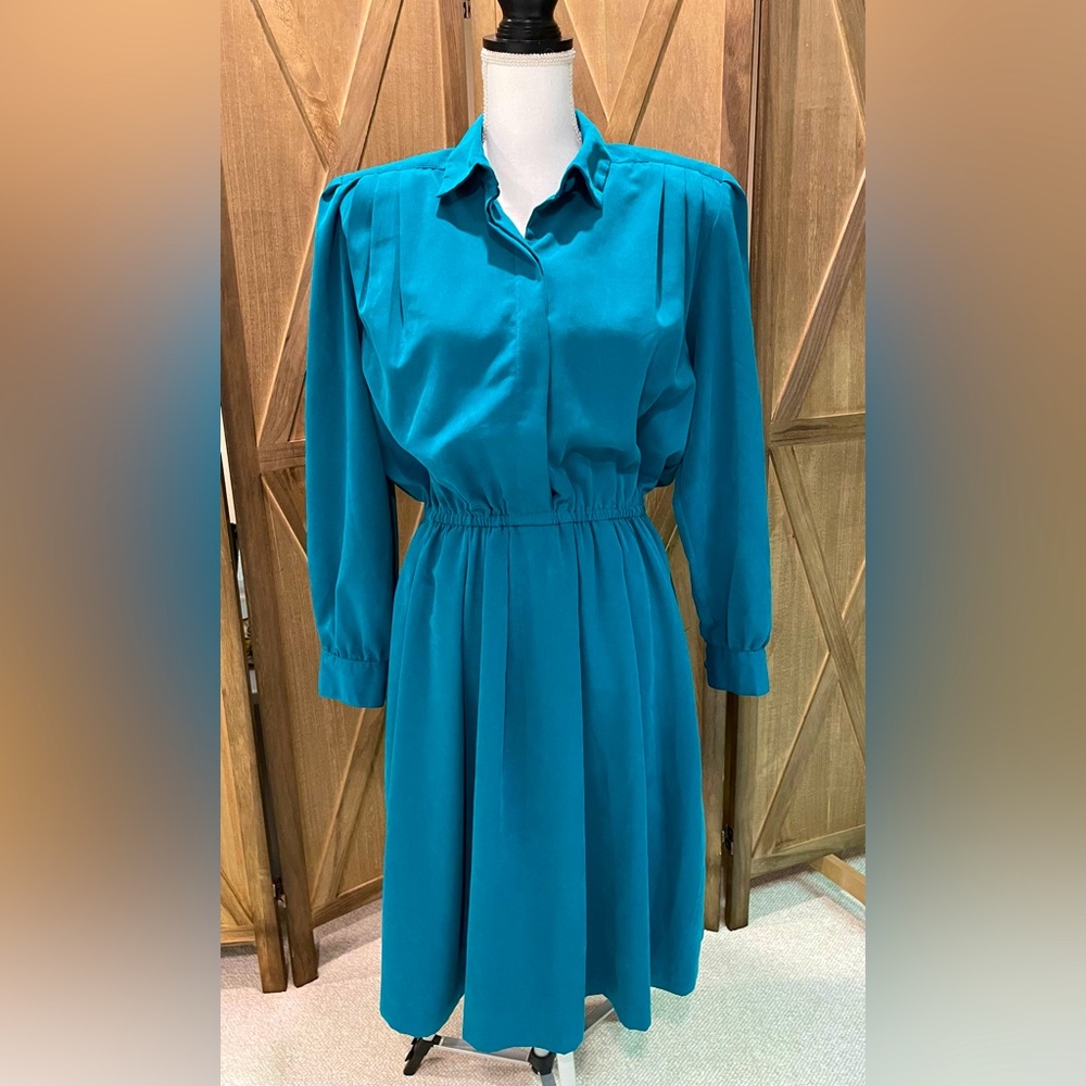 Vintage 80’s teal shirt dress Sz 12 elasticated waist preppy retro classic